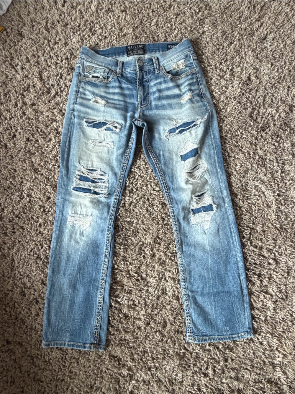 Salvage Supply Co Men's Buckle Jeans 32x30 Mayhem, Regular Straight, Distressed